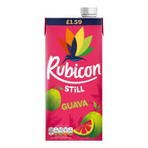 A 1L carton of Rubicon Still Guava Juice Drink, priced at £1.59, features fruit images and a colorful bird logo on the packaging.